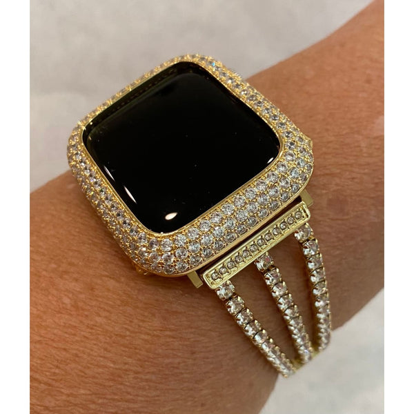 Apple Watch 7 41mm 45mm Band Swarovski Crystals & or Gold Lab Diamond Bezel Bumper Bling Iwatch Case Cover Series 1-8