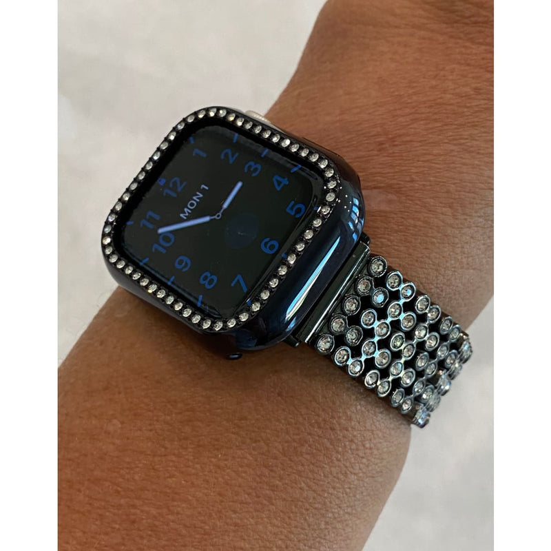 Apple Watch Band 41mm 45mm 49mm Ultra Black with Swarovski Crystals & or Crystal Bezel Cover Smartwatch Bumper Bling Series 7-8