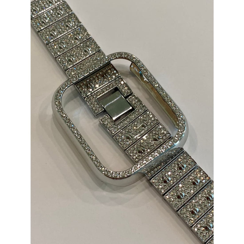 Apple Watch Band 41mm 45mm 49mm Ultra Silver Swarovski Crystals & or Apple Watch Case Cover Bling Series 7-8 Smartwatch Bling