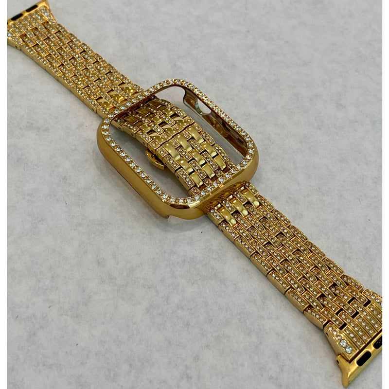 Apple Watch Band 41mm 45mm 49mm Ultra Yellow Gold Swarovski Crystals & or Crystal Apple Watch Case Cover Bezel Smartwatch Bling