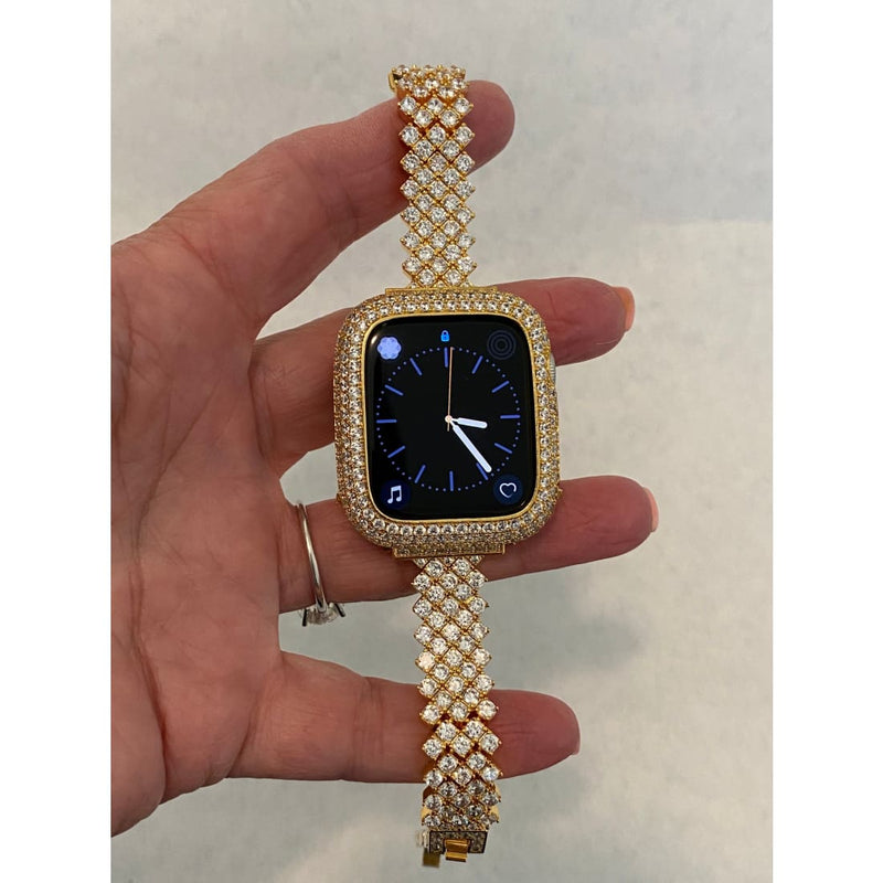 Apple Watch Band 41mm 45mm Gold Women's Swarovski Crystal & or Lab Diamond Bezel 38 40 42 44mm S1-8 Smartwatch Bumper