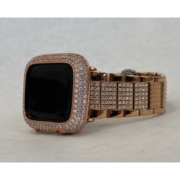 Apple Watch Band 41mm 45mm Series 1-8 SE Woman Rose Gold Swarovski Crystals & or Lab Diamond Bezel Cover 38mm 42mm 44mm