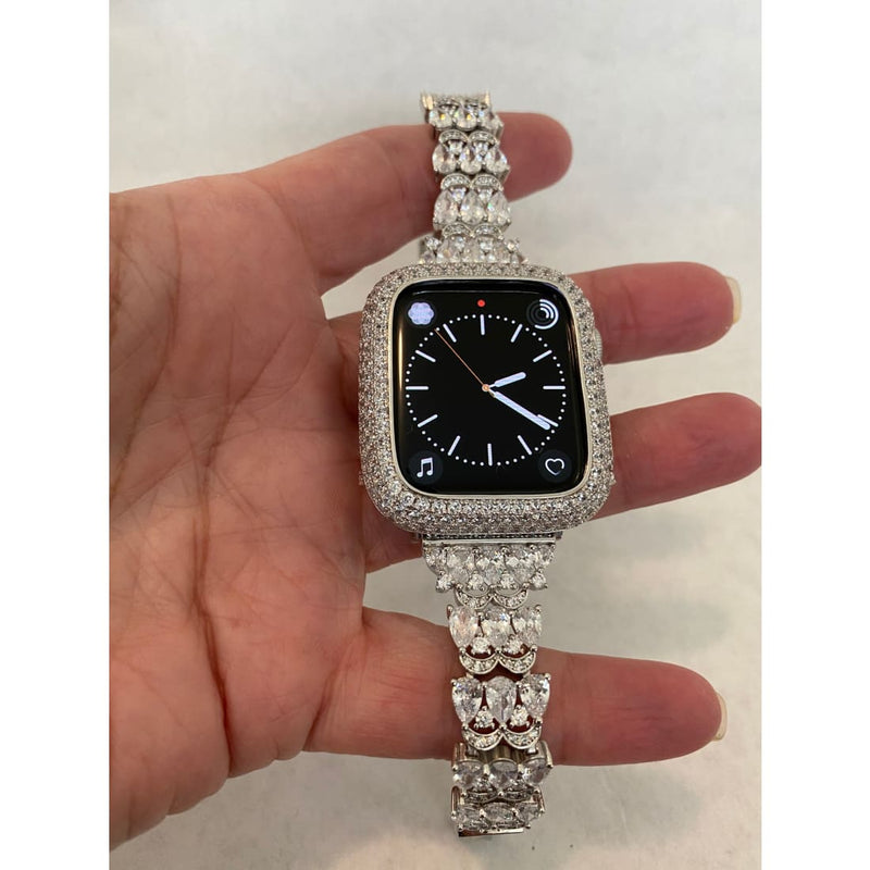 Apple Watch Band 41mm 45mm Series 7,8 Women's Silver & or Smartwatch Lab Diamond Cover Bumper Iwatch Bling 38mm 42mm 44mm