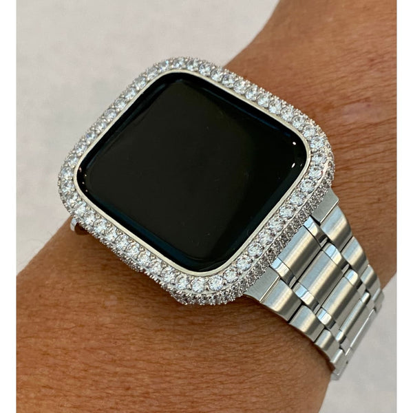 Apple Watch Band 45mm Silver Stainless Steel Ultra Thin & or Lab Diamond Bezel Cover Bling 38mm-45mm Series 1-8