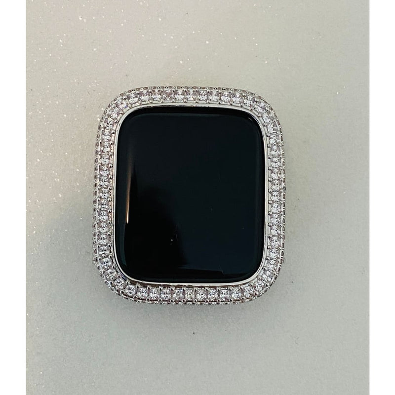 Apple Watch Band Case Cover Silver Metal Bezel 2.5mm Lab Diamonds, Smartwatch Bumper Bling