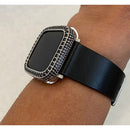 Apple Watch Band Leather Black and or Black & Silver 2.5mm Lab Diamond Bezel Cover Iwatch Case Bling Series 6 SE blb1