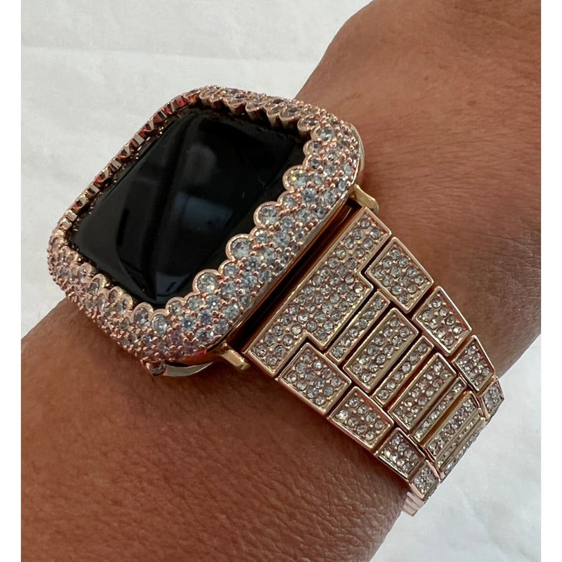 Apple Watch Band Rose Gold Swarovski Crystals & or Lab Diamond Bezel Cover Smartwatch Bumper Bling 38mm-45mm Series 1-8