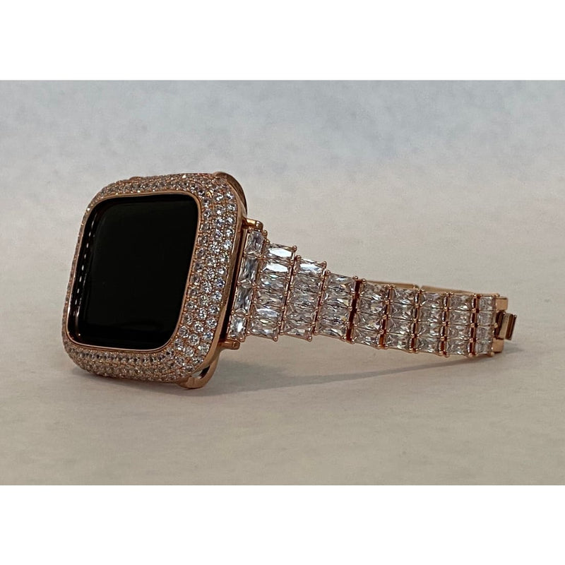 Apple Watch Band Women 38 40 42 44mm Rose Gold & Or Pave Bezel Cover Lab Diamonds Iwatch Case 41mm 45mm Series 1-8