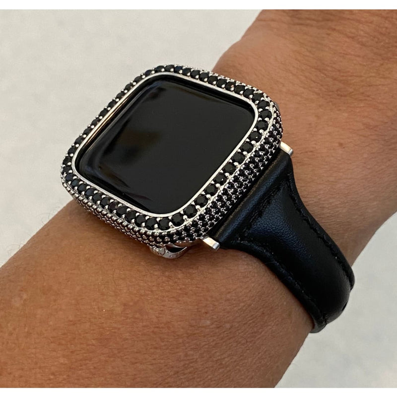 Apple Watch Band Women Leather Black Slim and or Black-Silver Lab Diamond Bezel Cover Iwatch Case Bling Series 6 blb1