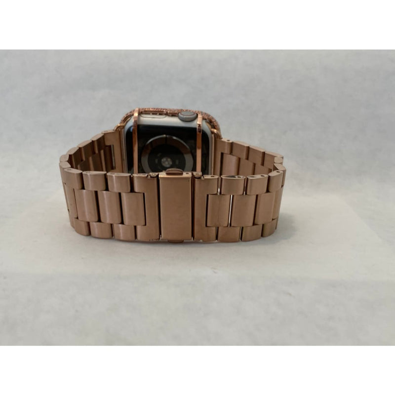 Apple Watch Band Women Rose Gold Series 1-8 SE & or Lab Diamond Bezel Cover 38mm 40mm 41mm 42mm 44mm 45mm Smartwatch Bumper Bling
