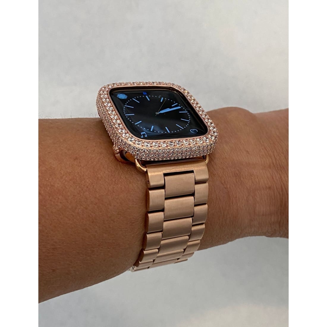 Apple Watch Band Women Rose Gold Series 1-8 SE & or Lab Diamond Bezel Cover 38mm 40mm 41mm 42mm 44mm 45mm Smartwatch Bumper Bling