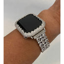 Apple Watch Band Women's Silver CZ & or Bezel Lab Diamond Case Cover Iwatch Bling 38mm 40mm 42mm 44mm Series 1,2,3,4,5,6,7,8,SE