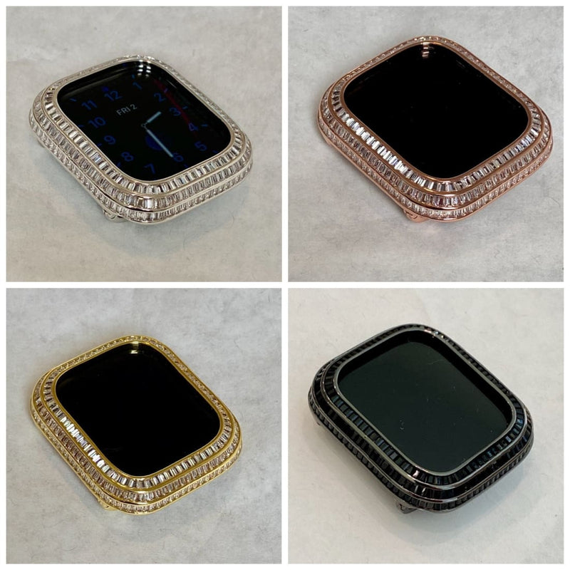Apple Watch Bezel Cover 40mm 41mm 44mm 45mm 3 Rows of Lab Diamond Baguettes Silver, Rose Gold, Yellow Gold, Black, Smartwatch Bumper Case