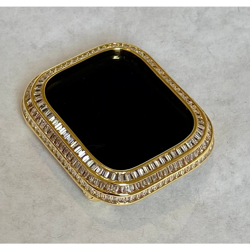 Apple Watch Bezel Cover 40mm 41mm 44mm 45mm 3 Rows of Lab Diamond Baguettes Silver, Rose Gold, Yellow Gold, Black, Smartwatch Bumper Case