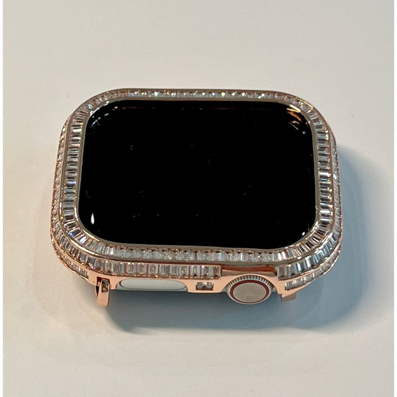 Apple Watch Bezel Cover 40mm 41mm 44mm45mm with 3 Rows Lab Diamond Baguettes in 14k Rose Gold Plated Metal, Smartwatch Bumper