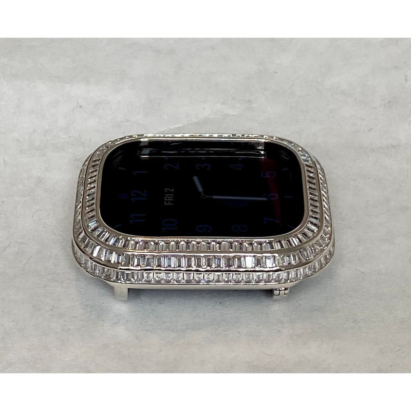 Apple Watch Bezel Cover 40mm 44mm 3 Rows of Lab Diamond Baguettes in 14k White Gold Plated Metal