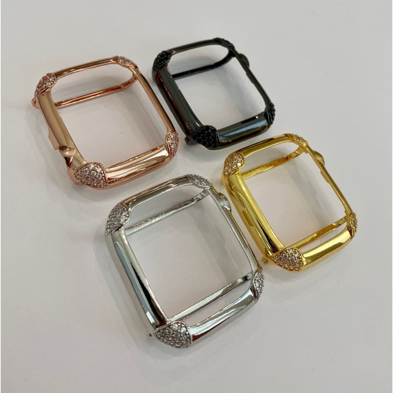 Apple Watch Bezel Cover 40mm 44mm Pave Lab Diamond Corners in Silver, Rose Gold, Yellow Gold, Black on Black Final Sale