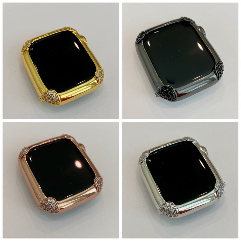 Apple Watch Bezel Cover 40mm 44mm Pave Lab Diamond Corners in Silver, Rose Gold, Yellow Gold, Black on Black Final Sale