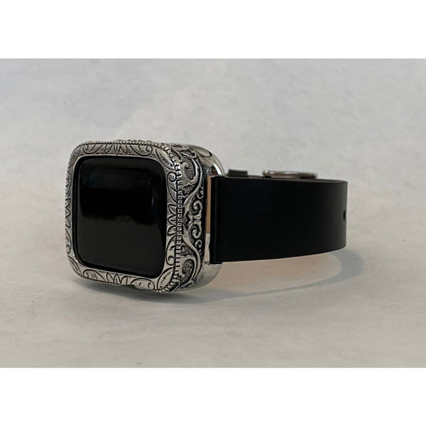 Apple Watch Bezel Cover Silver Engraving and Black Leather Iwatch Band Series 1,2,3,4,5,6,SE Custom Handmade FINAL SALE