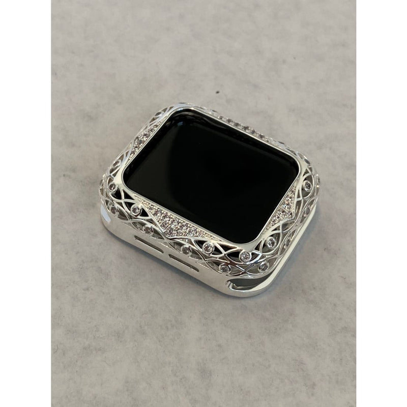 Apple Watch Bezel Cover Silver Lace Design Metal Case with Inset Rhinestones 38 40 42 44mm Series 6 Custom Handmade