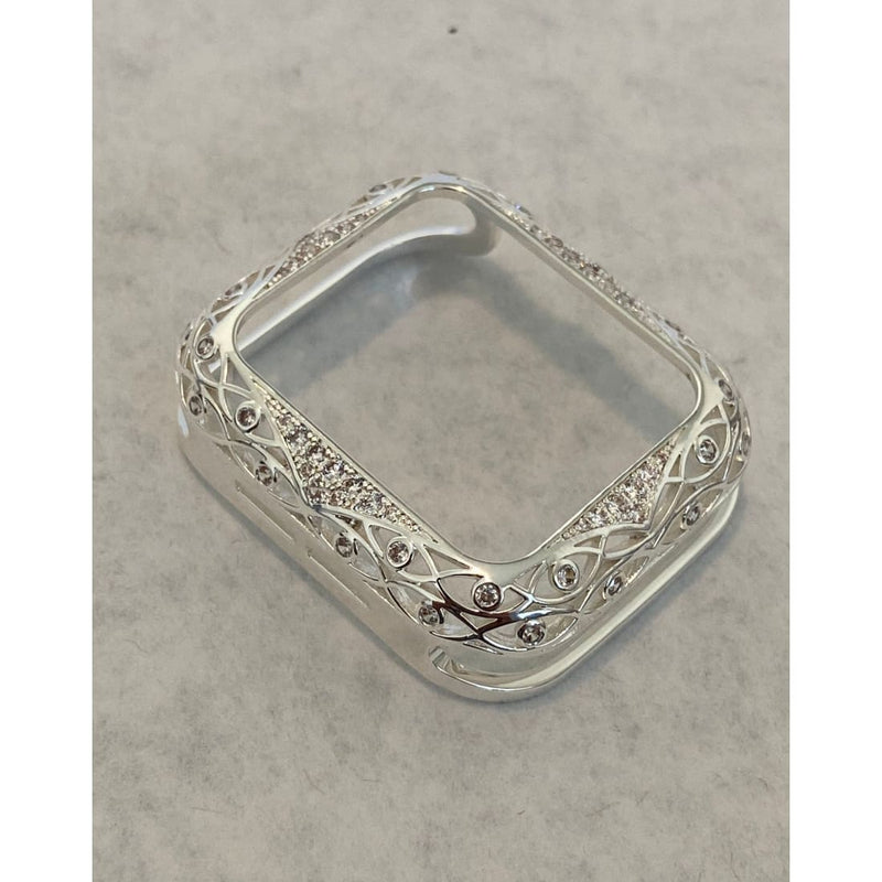 Apple Watch Bezel Cover Silver Lace Design Metal Case with Inset Rhinestones 38 40 42 44mm Series 6 Custom Handmade