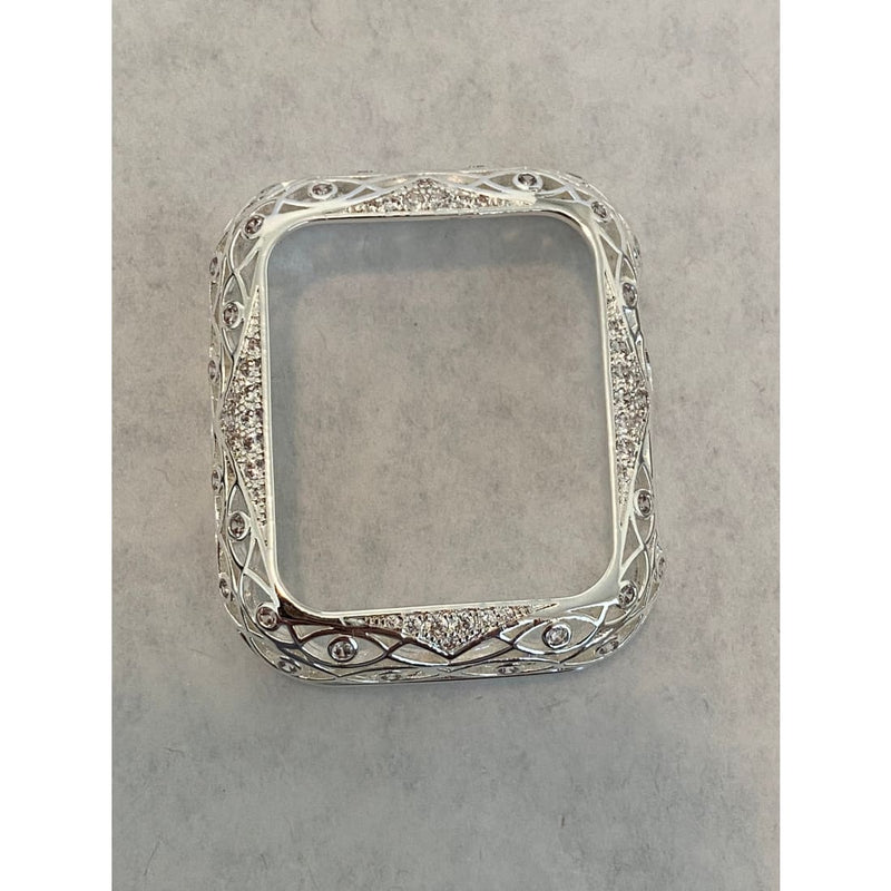 Apple Watch Bezel Cover Silver Lace Design Metal Case with Inset Rhinestones 38 40 42 44mm Series 6 Custom Handmade