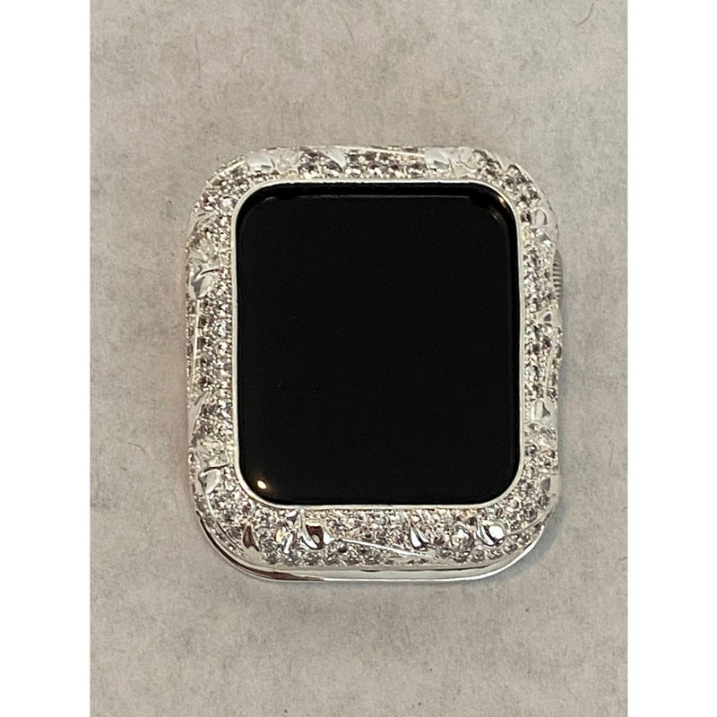 Apple Watch Bezel Cover Silver Metal Cover Floral Design Inset Rhinestones 38mm 40mm 42mm 44mm Series 6 Handmade