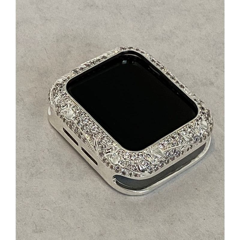Apple Watch Bezel Cover Silver Metal Cover Floral Design Inset Rhinestones 38mm 40mm 42mm 44mm Series 6 Handmade