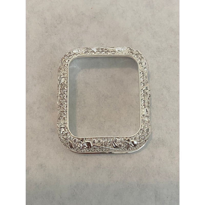 Apple Watch Bezel Cover Silver Metal Cover Floral Design Inset Rhinestones 38mm 40mm 42mm 44mm Series 6 Handmade