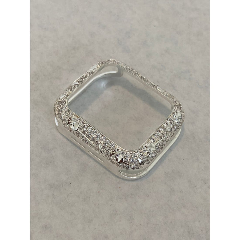 Apple Watch Bezel Cover Silver Metal Cover Floral Design Inset Rhinestones 38mm 40mm 42mm 44mm Series 6 Handmade