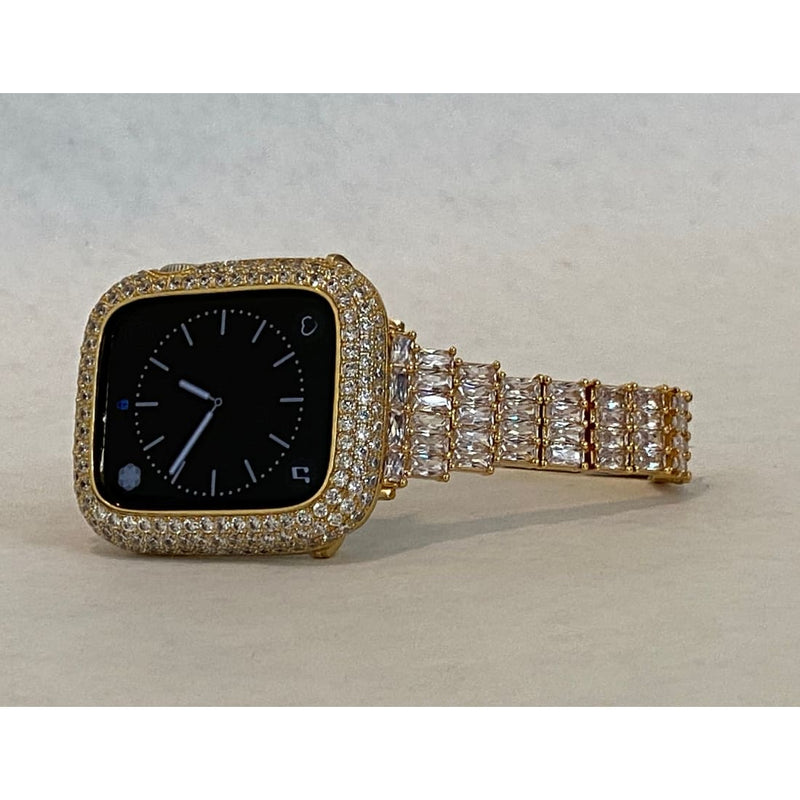 Apple Watch Gold Custom Baguette Band Crystals & or CZ Diamond Bezel Cover Bumper 38mm-45mm Series 7