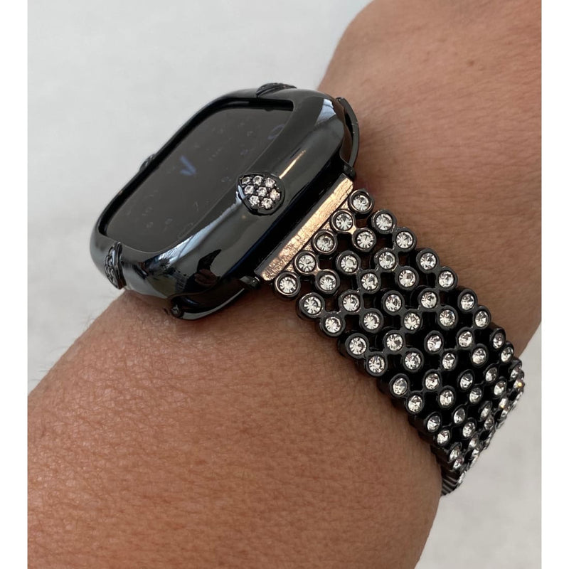 Black Apple Watch Band 38mm 40mm 42mm 44mm and or Teardrop Lab Diamond Bezel Case Cover Iwatch Bling Series 6 blb1