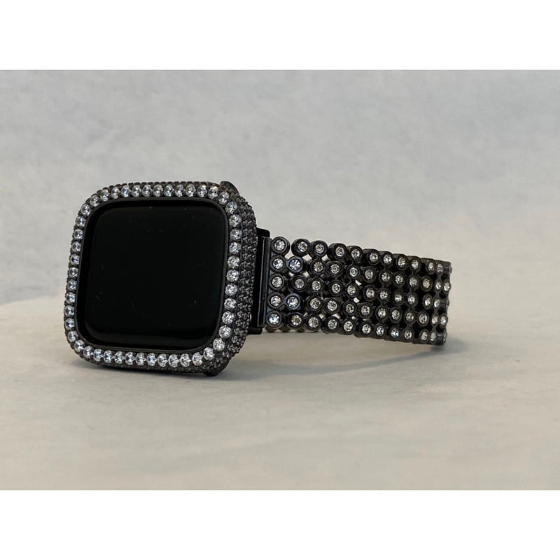 Black Apple Watch Band 41mm 45mm & or Lab Diamond Bezel Cover Iwatch Bling 38mm 42mm 44mm 40mm Series 1-8 SE