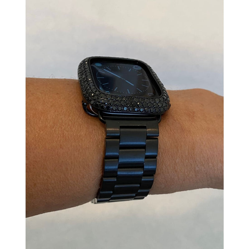 Black Apple Watch Band Rolex Style and or Custom Lab Diamond Bezel Cover 38mm 40mm 41mm 42mm 44mm 45mm Series 7,8