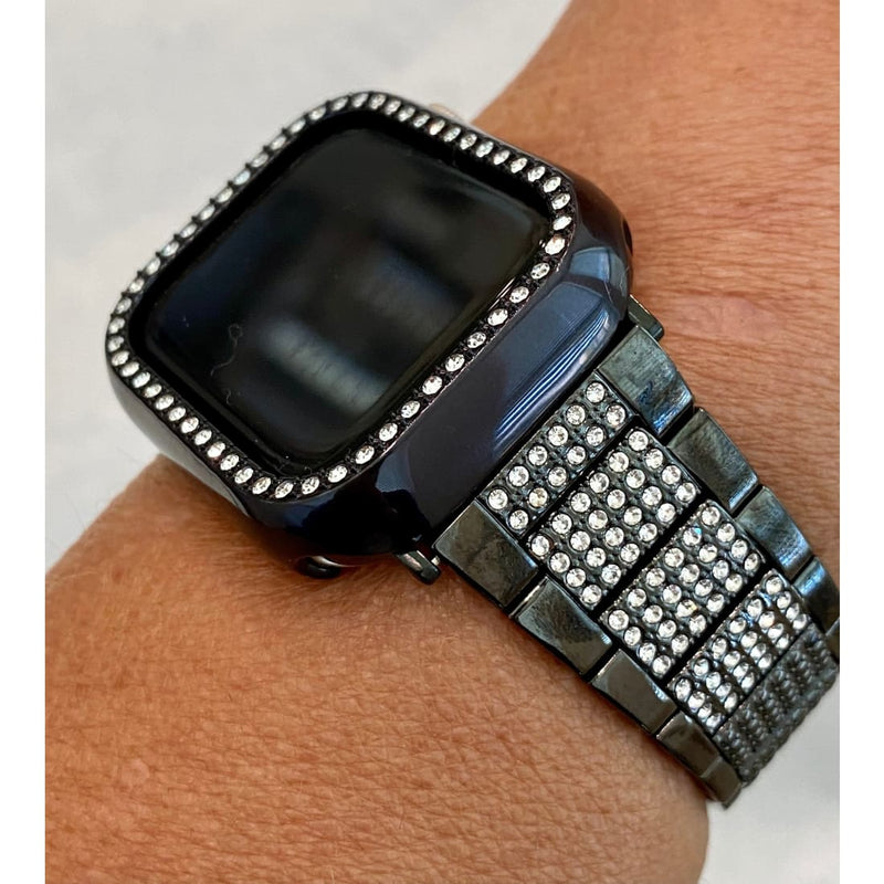 Black Apple Watch Band Series 7 Swarovski Crystals 41mm 45mm & or Crystal Apple Watch Bezel Cover Faceplate