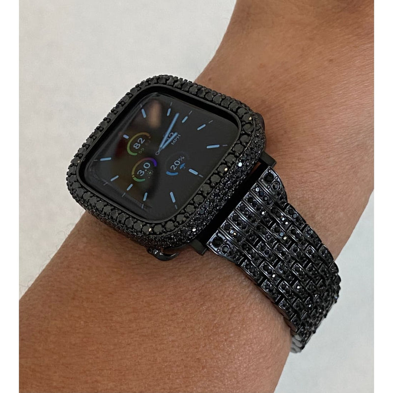 Black on Black Apple Watch Band 30 40 41 42 44 45mm Stainless Steel & or Lab Diamond Bezel Case Cover Smartwatch Bumper Series 1-8