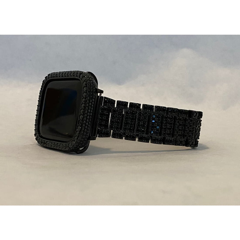 Black on Black Apple Watch Band & or 2.5mm Lab Diamonds Case Cover 38mm 40mm 41mm 42mm 44mm 45mm Series 7