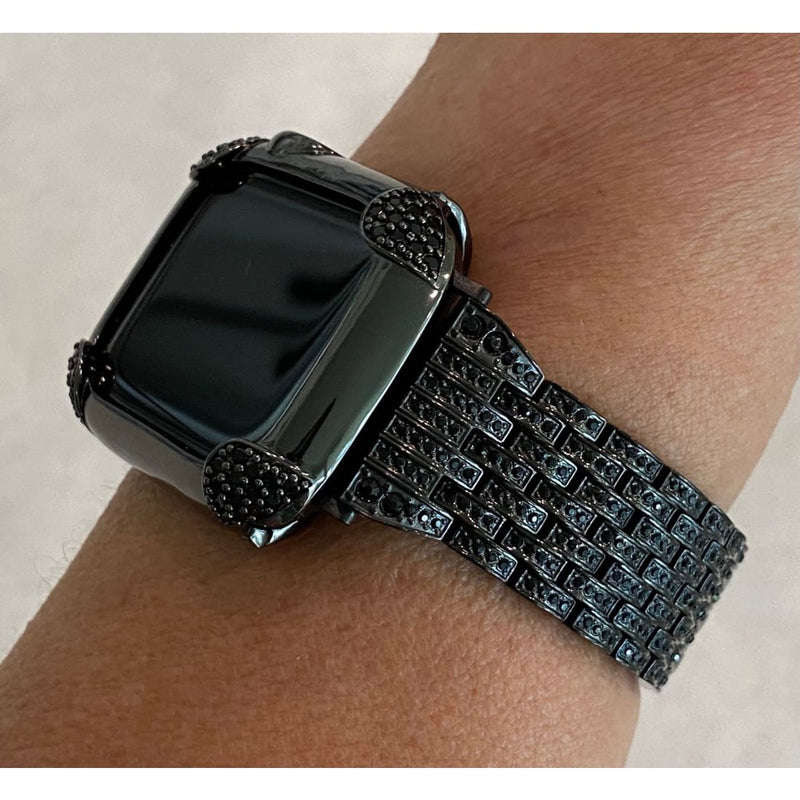 Black on Black Apple Watch Band & or Matching Lab Diamond Bezel Cover 40mm 44mm Custom Handmade