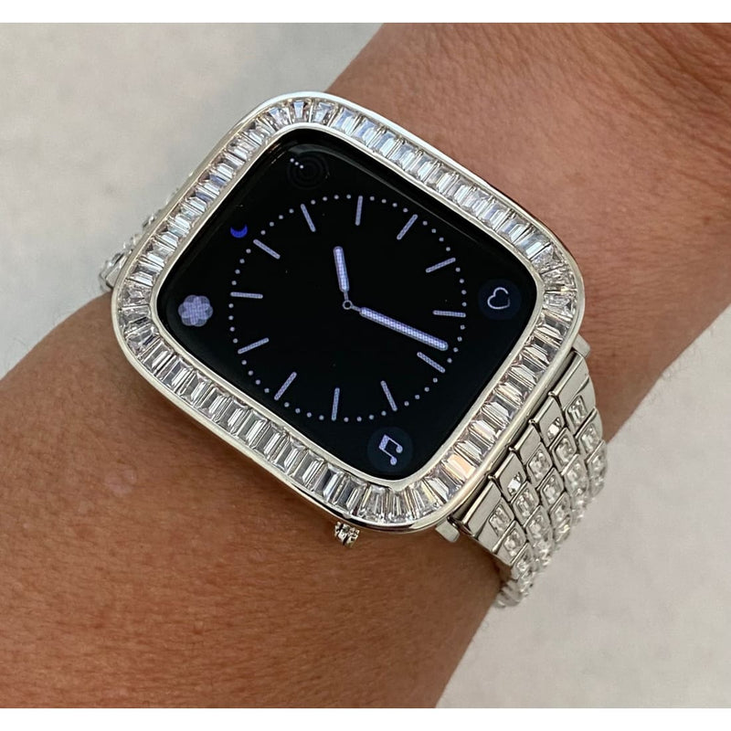 Bling Apple Watch Band 38mm 40mm 42mm 44mm Baguette & or Lab Diamond Bezel Cover Series 6 Gift for Her Him