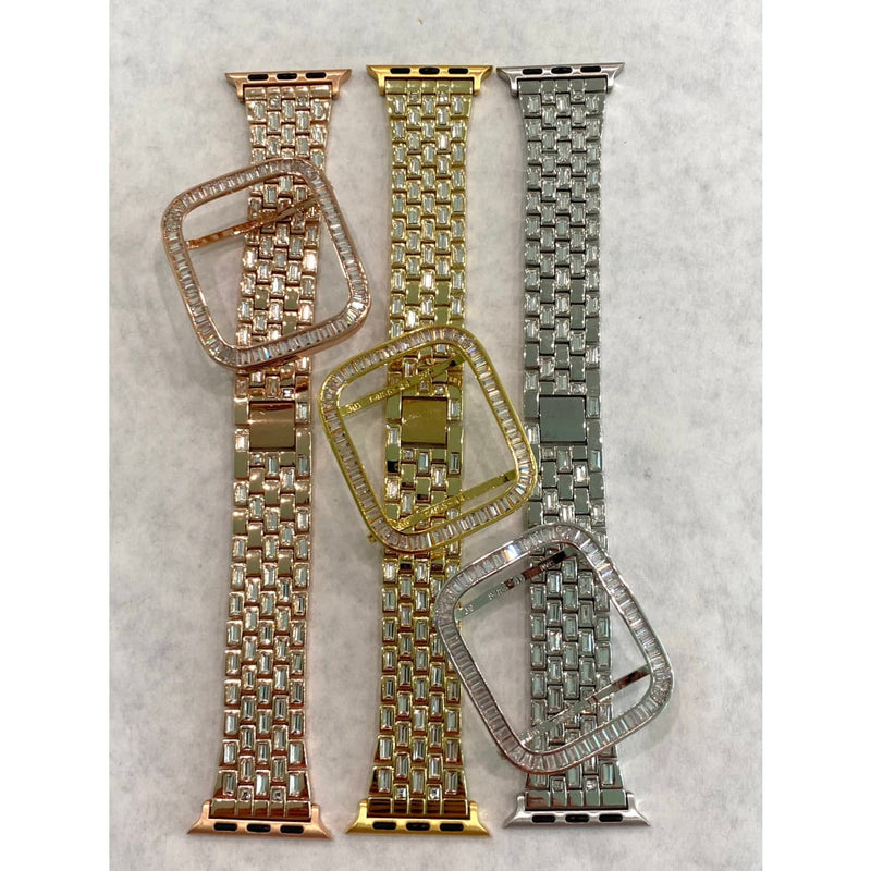Bling Apple Watch Band 38mm 40mm 42mm 44mm Baguette & or Lab Diamond Bezel Cover Series 6 Gift for Her Him
