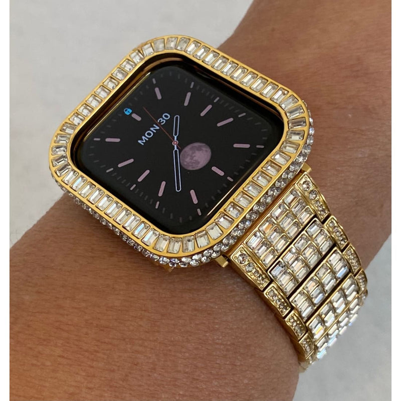 Bling Apple Watch Band 38mm 40mm 42mm 44mm Gold Rolex Style & or Lab Diamond Bezel Cover Gift for Him Series 6 ipad iphone gb1