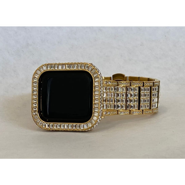 Bling Apple Watch Band 38mm 40mm 42mm 44mm Gold Rolex Style & or Lab Diamond Bezel Cover Gift for Him Series 6 ipad iphone gb1