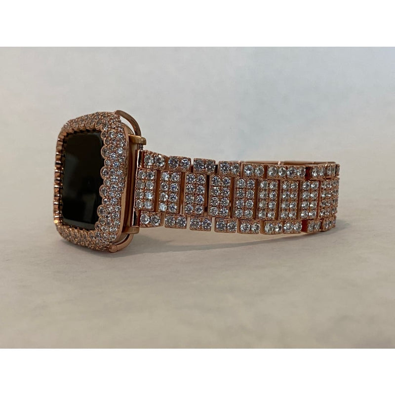 Bling Apple Watch Band Women 38 40 41 42 44 45mm and or Rose Gold Lab Diamond Bezel Cover Smartwatch Bling
