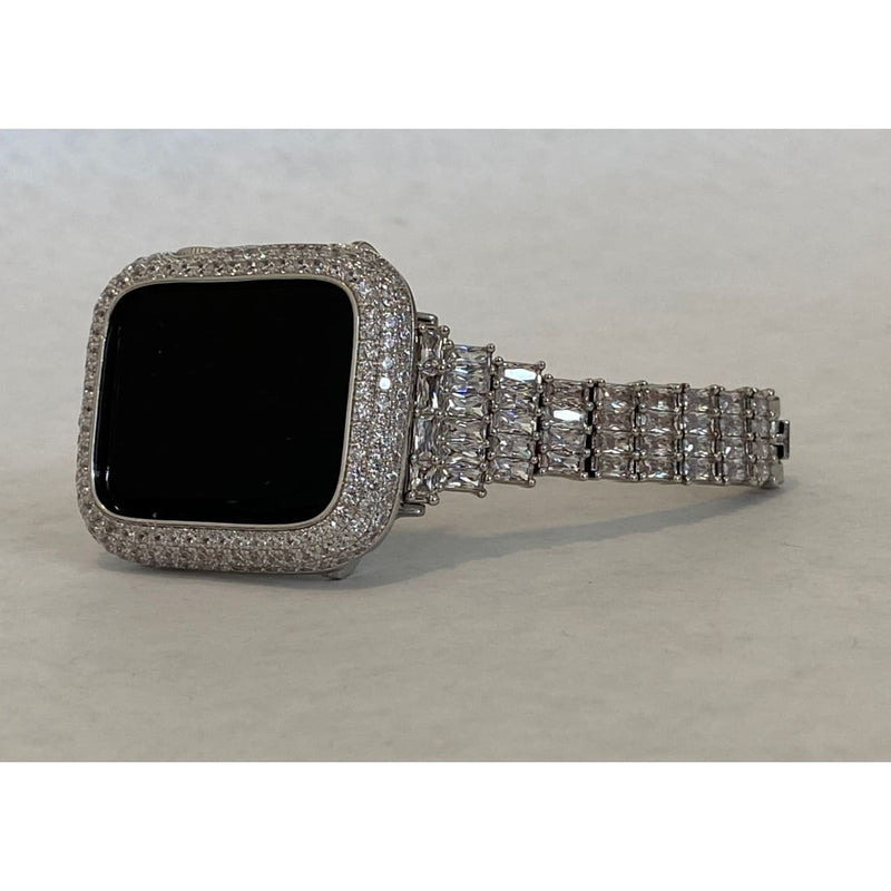 Bling Apple Watch Band Women Silver 41mm 45mm Series 7-8 Swarovski Crystal & or Lab Diamond Bezel Cover for Smartwatch