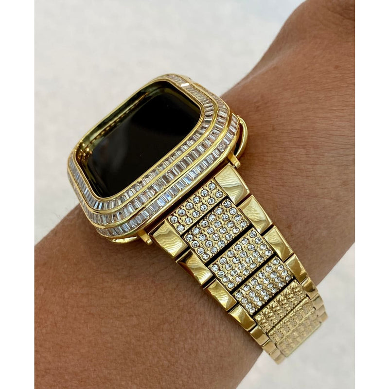 Bling Gold Apple Watch Band 41mm 44mm & or Lab Diamond Baguette Bezel Cover Handmade