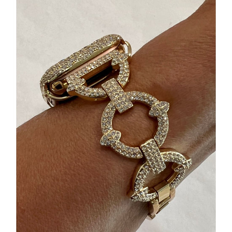 Crystal Pave Link Apple Watch Band 38 40 41 41 44 45mm Gold & or Lab Diamond Bezel Cover Smartwatch Bling Series 7