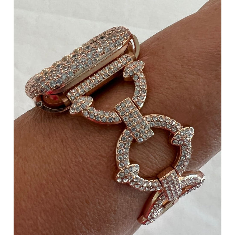 Crystal Pave Link Apple Watch Band 38 40 41 41 44 45mm Rose Gold & or Lab Diamond Bezel Cover Smartwatch Bling Series 7,8