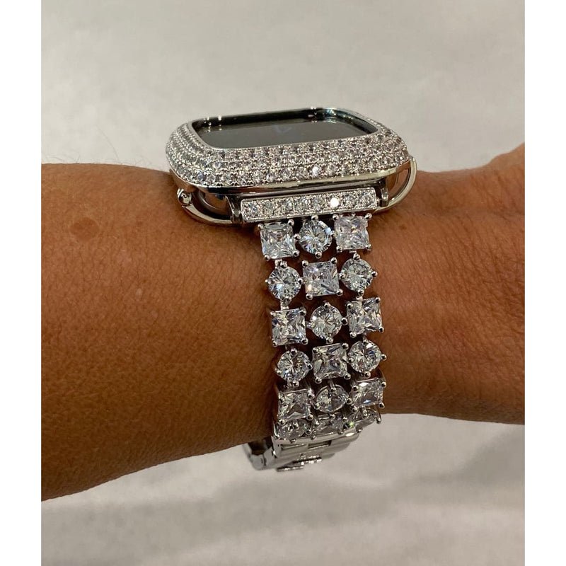 Custom Apple Watch Band 44mm Woman Silver and or Apple Watch Cover Lab Diamond Bezel Bling 38mm-45mm New Series 7,8