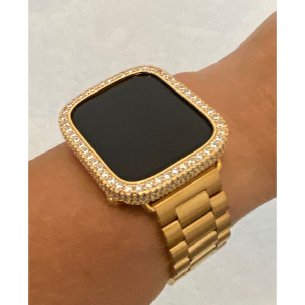 Custom Apple Watch Band Gold Rolex Style 38mm 40mm 41mm 42mm 45mm 44mm & or Iced Out Lab Diamond Bezel Cover Iwatch Series 7 Gift for Him