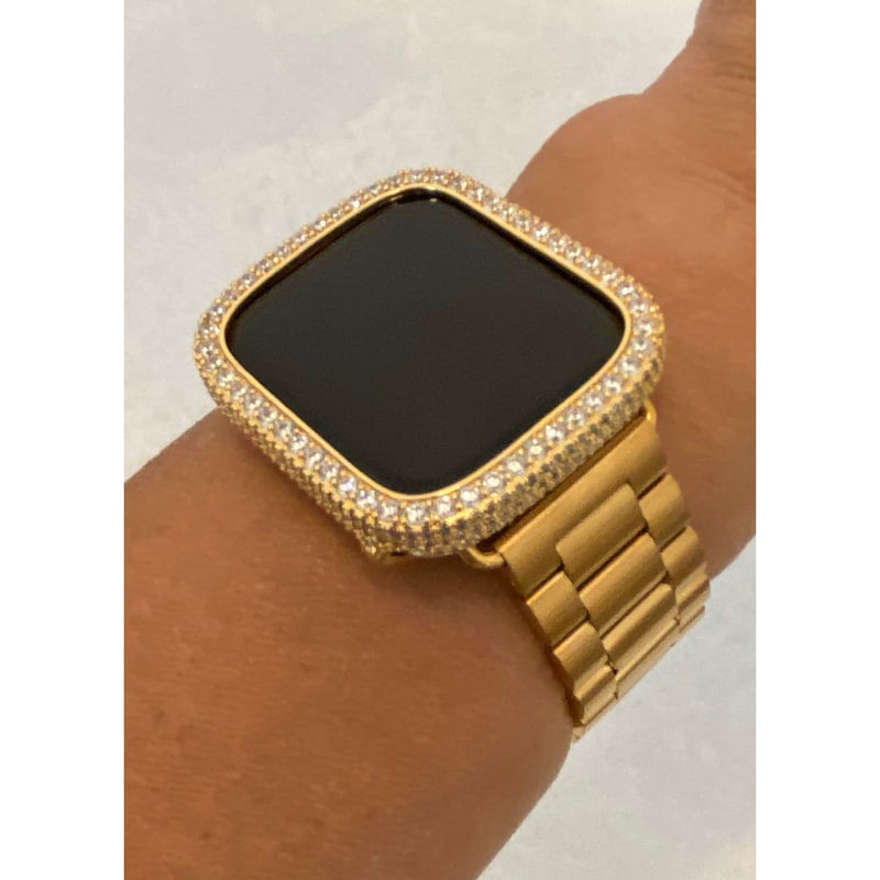 Custom Apple Watch Band Gold Rolex Style 41mm 45mm and or Iced Out Lab Diamond Bezel Cover Iwatch Band Series 7-8 Gift for Him